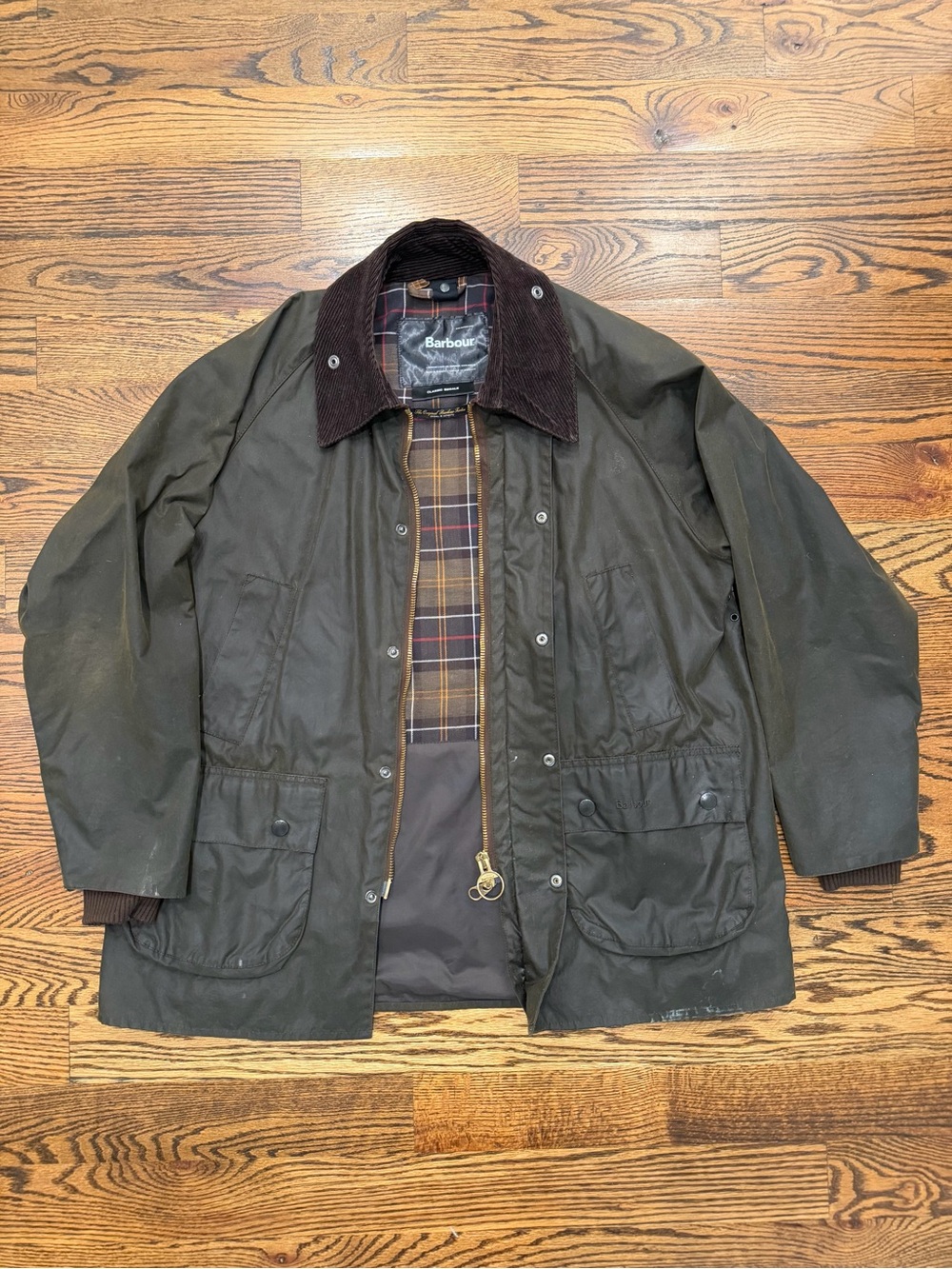 Barbour Olive Green Waxed Field Jacket with Brown Corduroy Collar